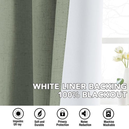 H.VERSAILTEX Linen Curtains 100% Blackout Curtains for Bedroom 54 inch Long Full Light Blocking Nature Linen Blended Window Curtains for Living Room Nickel Grommet (2 Panels, Heathered Dried Sage)
