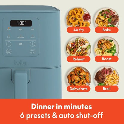 Bella 4Qt Slim Air Fryer - Compact Kitchenware with Adjustable Temp & 6 Cooking Presets | Surf Color
