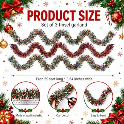 Christmas Tinsel Garland Set - 3 Pack, 59 ft Each, Red Blue Yellow Green - Holiday Decor