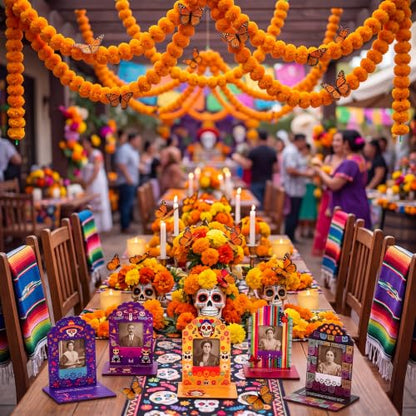 Dia De Los Muertos Decorations Set with Marigold Garland Candles & Frames