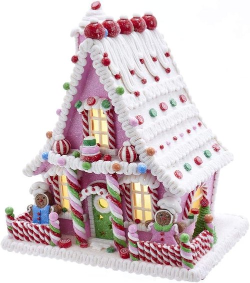 Kurt Adler 10-Inch Pink LED Gingerbread House - Battery-Operated Table Decor Piece