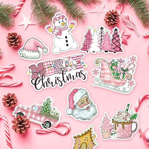 Christmas Refrigerator Magnets Set - Pink Santa Snowman Holiday Decor - 14 Pieces