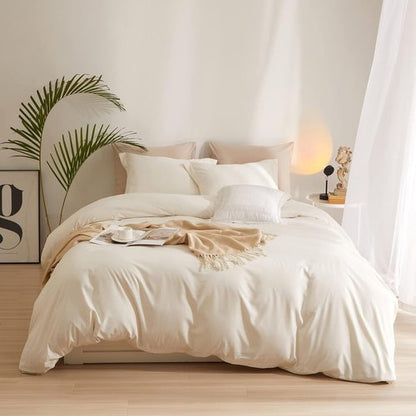 AMWAN Queen Size Duvet Cover Set - Soft Washed Microfiber in Cream White with Zipper Closure | 90”x90” + 2 Pillowcases