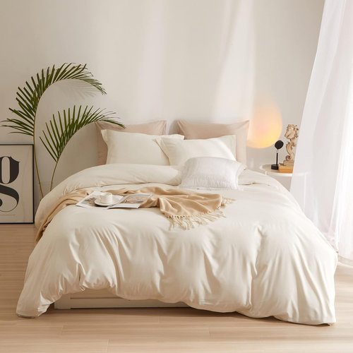 AMWAN Queen Size Duvet Cover Set - Soft Washed Microfiber in Cream White with Zipper Closure | 90”x90” + 2 Pillowcases