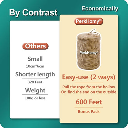 PerkHomy Natural Jute Twine - 600 Feet Long Craft String for Gift Wrapping & Gardening (Brown, 2mm)