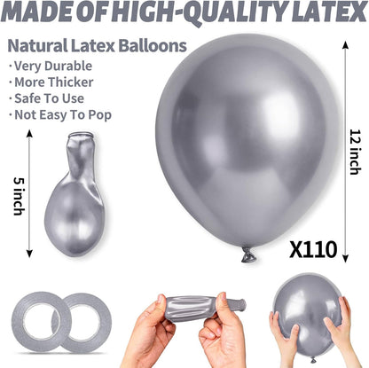 Metallic Silver Balloons by [Brand Name] - 12-Inch Latex Balloons for Birthday Party & Baby Shower | 110 Pack with Ribbons