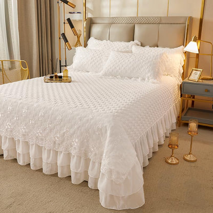 Queen White Plaid Quilted Bedspread with Ruffle Lace Decor