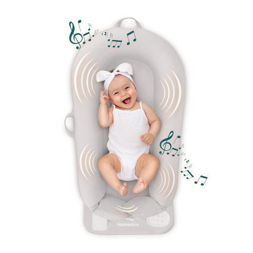 MyBaby 3-in-1 Calming Baby Cushion, Soothing Comfort for Newborns & Infants, Snuggling Sensation, Sound and Vibration, Designed for Safety, Rechargeable & Machine-Washable, by Homedics, Gray