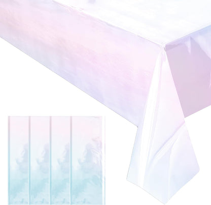 Shiny Laser Tablecloths | 4-Piece White Iridescence Set - 40 x 108” Disposable Holographic Covers for Weddings & Parties