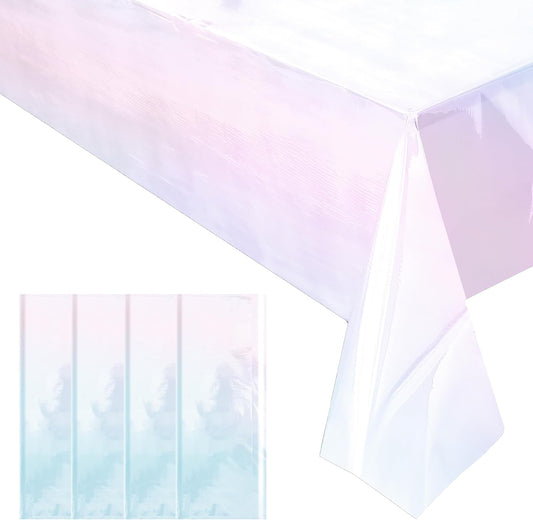 Shiny Laser Tablecloths | 4-Piece White Iridescence Set - 40 x 108” Disposable Holographic Covers for Weddings & Parties
