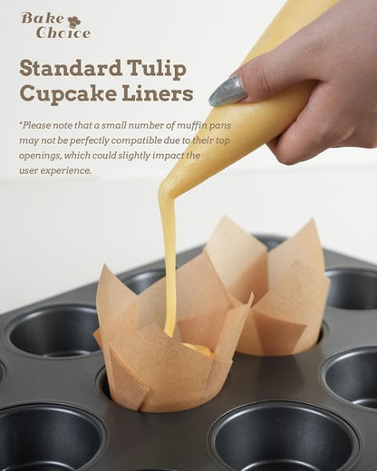 Bake Choice Tulip Cupcake Liners - 200 Pcs Unbleached Natural Baking Cups in Brown & White