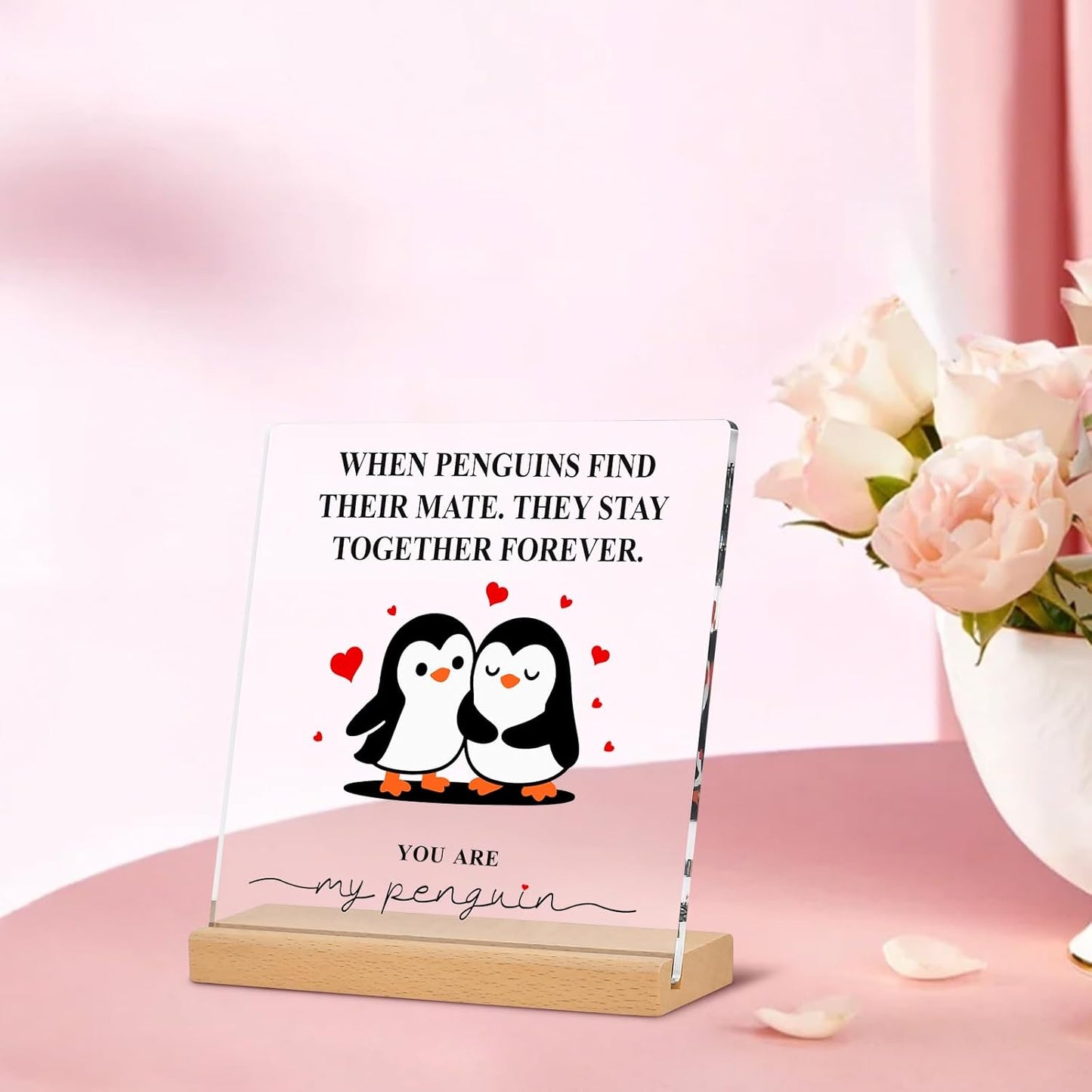 Romantic Penguin Acrylic Plaque - 5.9x5.9 Inch Clear Acrylic Home Decor | Perfect Gift for Couples