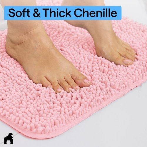 GORILLA GRIP Bath Rug Mat - Soft Absorbent Chenille | Quick Dry Microfiber, 44x26, Light Pink