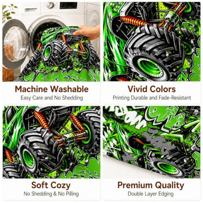 Personalized Boys Truck Blanket - Green Custom Throw for Kids Teens & Adults
