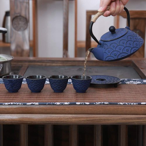 COOGOU Japanese Style Cast Iron Teapot Set with 4 Tea Cups Iron Tea Kettle with Infuser Hemp Rope Trivet Asian Gift for Adults Parents (Fish Scale Pattern, Blue,Anti Rust)