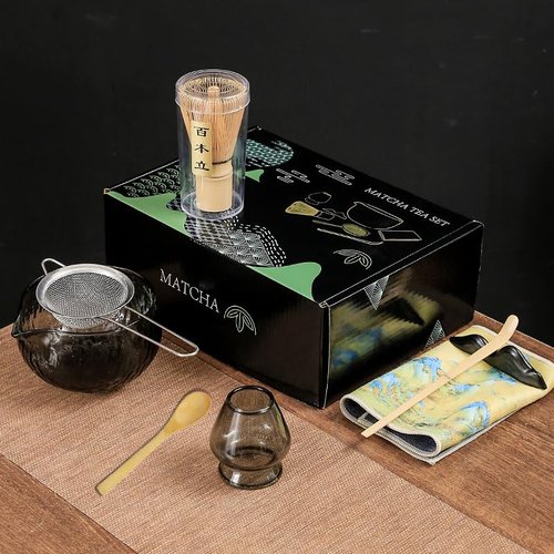 Japanese Matcha Set - (8 pcs) Matcha Whisk Set Matcha Bowl with Pouring Spout Bamboo Matcha Whisk (chasen) Scoop (chashaku) Matcha Whisk Holder Tea Making Kit (8pcs/set, Gray Matcha bowl)