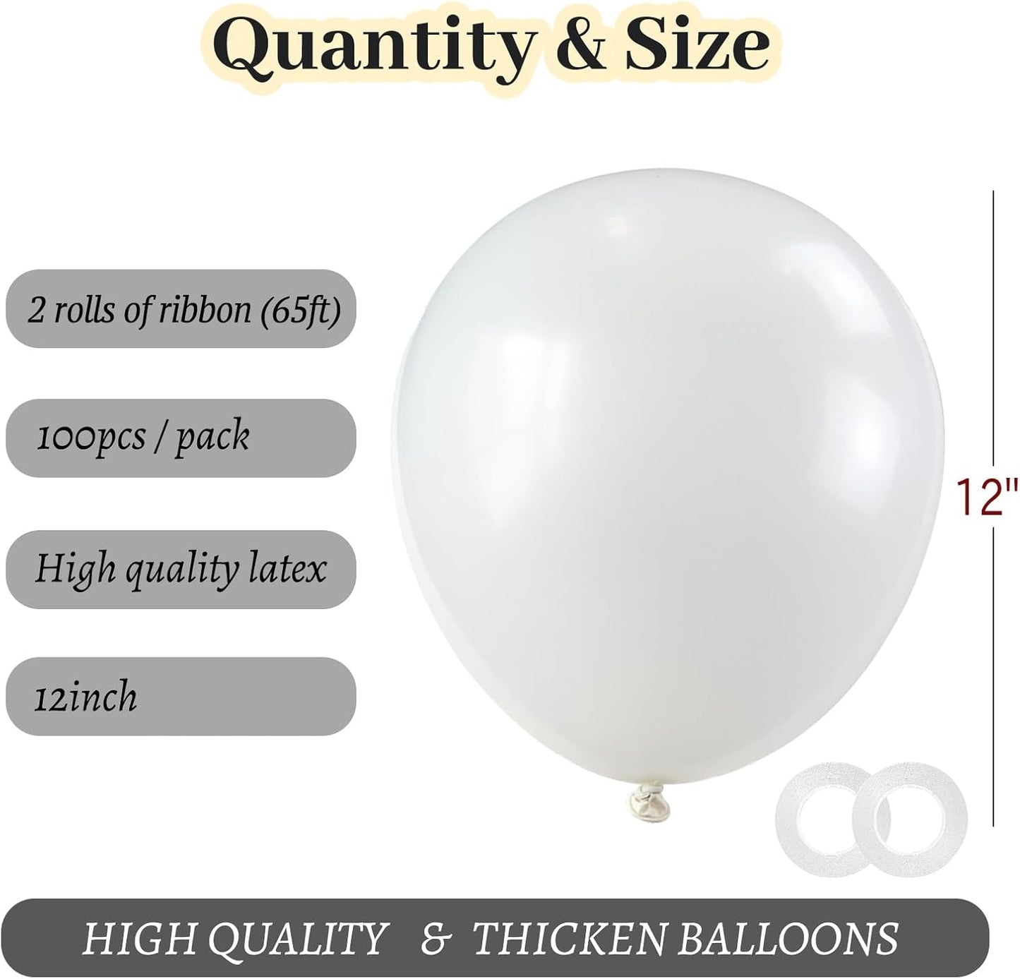 ASIYUHY White Balloons - 100 Pack 12-Inch Latex Balloons with Ribbons for Weddings & Parties