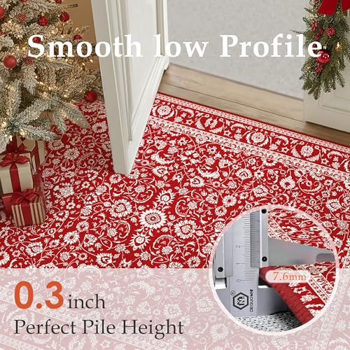 Christmas Red Floral Washable Area Rug 3x5 Entryway Non-Slip Floor Mat
