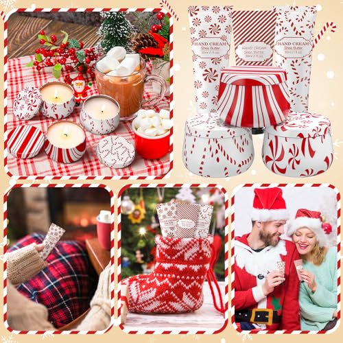 Candy Cane Scented Christmas Gift Set - 6 Candles & Hand Cream for Women - Peppermint Holiday Bulk