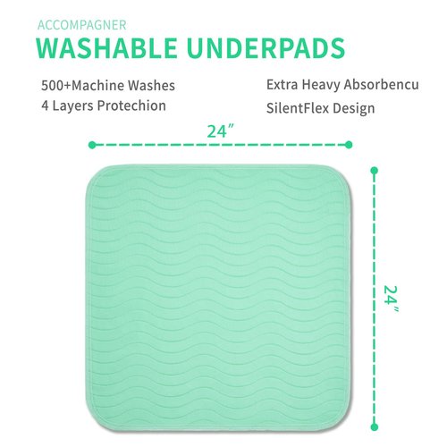 Accompagner Waterproof Reusable for Adults and Pets Washable Pee Pads for Dogs Changing Pad Large Dog Bed Size Adults Incontinence Bed Pads - Non-Slip Leak-Proof (Green, 24"x24"(Pack of 4))
