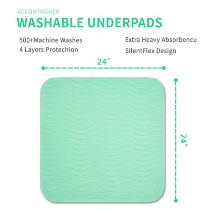 Accompagner Waterproof Reusable for Adults and Pets Washable Pee Pads for Dogs Changing Pad Large Dog Bed Size Adults Incontinence Bed Pads - Non-Slip Leak-Proof (Green, 24"x24"(Pack of 4))