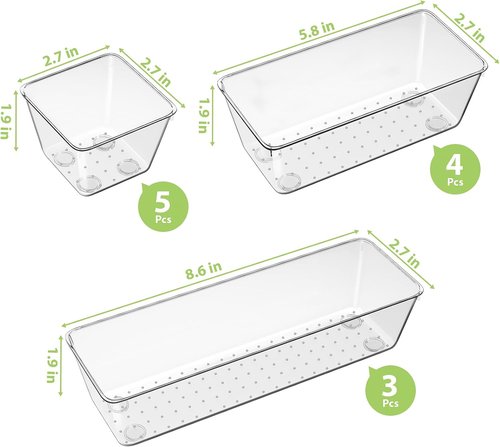 Clear Drawer Organizer Set by [Brand Name] - 12 Pieces with 3 Sizes for Makeup, Jewelry & Gadgets | Versatile Storage Solution for Home & Office