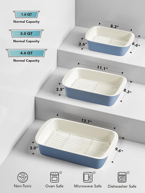 LE TAUCI Ceramic Baking Dish Set - Large Deep Casserole Dishes with Handles | Dusty Blue, Set of 3 (4.6QT/3.0QT/1.6QT)