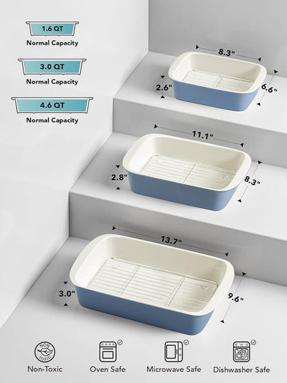 LE TAUCI Ceramic Baking Dish Set - Large Deep Casserole Dishes with Handles | Dusty Blue, Set of 3 (4.6QT/3.0QT/1.6QT)