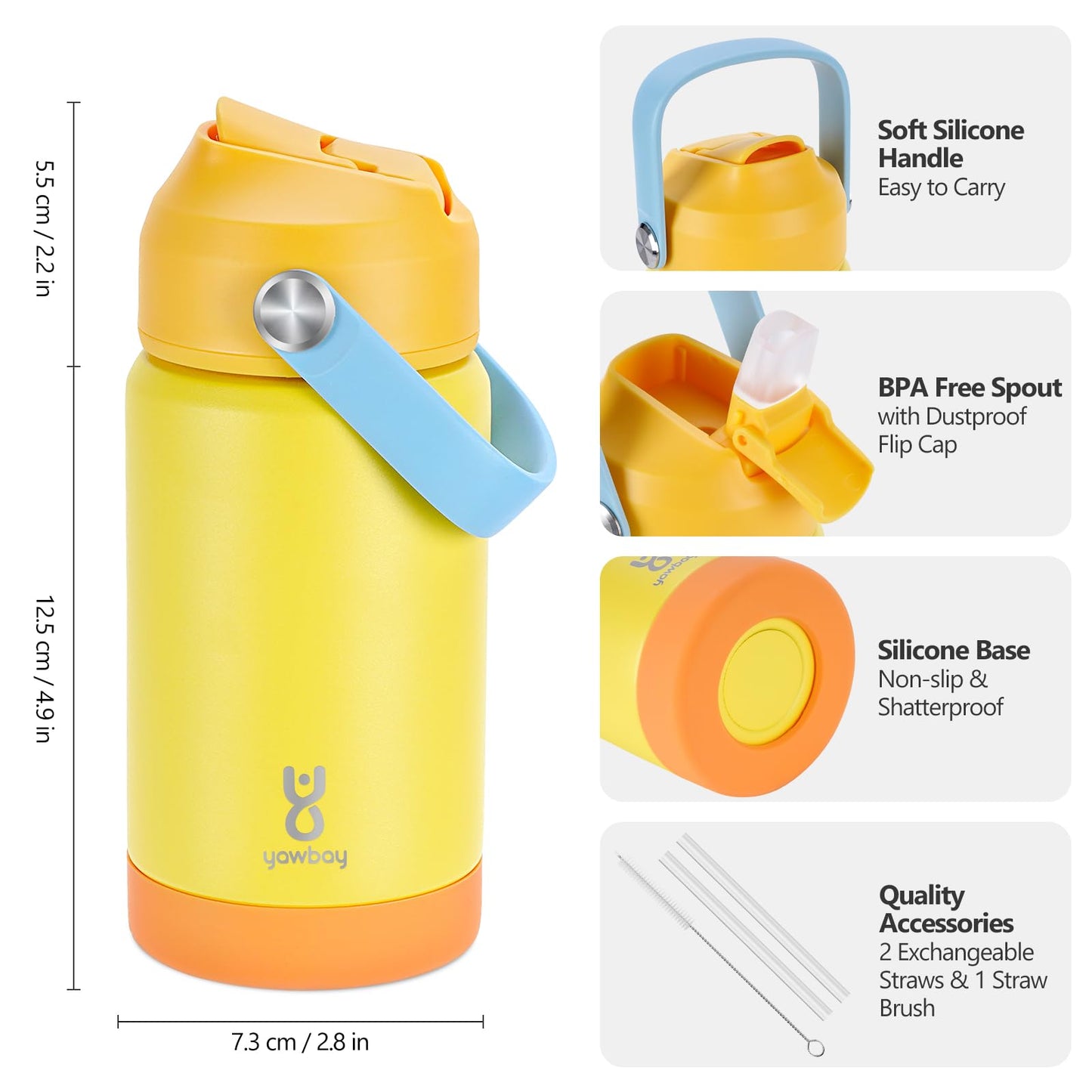 Kids Insulated Water Bottle with Straw Lid & Silicone Handle,12oz Kids Leak Proof Water Bottle for School Boys Girls,Double Wall Vacuum Stainless Steel with Non-slip Silicone Base(Yellow)