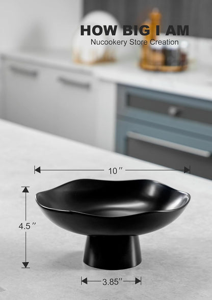 Nucookery Ceramic Fruit Bowl - Modern 10-Inch Decorative Kitchen Counter Stand | Matte Black Design