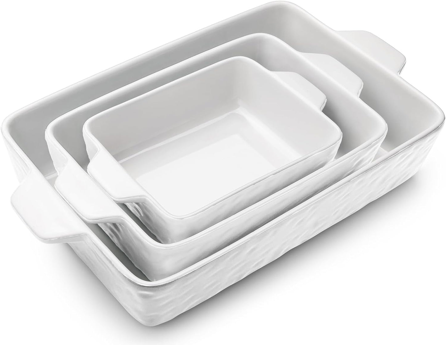 Regine Switzerland Casserole Dishes - Ceramic Baking Pan Set of 3 with Handles | Deep Porcelain Bakeware (11.6" x 7.8", White)