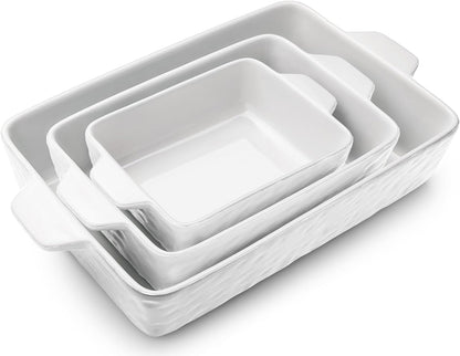 Regine Switzerland Casserole Dishes - Ceramic Baking Pan Set of 3 with Handles | Deep Porcelain Bakeware (11.6" x 7.8", White)