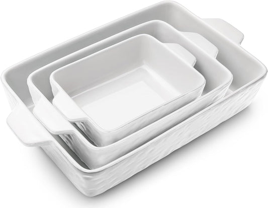 Regine Switzerland Casserole Dishes - Ceramic Baking Pan Set of 3 with Handles | Deep Porcelain Bakeware (11.6" x 7.8", White)