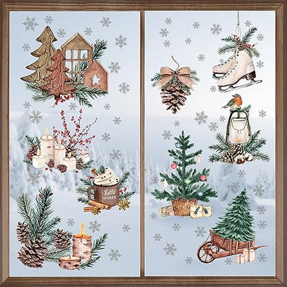 Winter Pine Cone Window Clings - 9 Sheets Holiday Snowflakes & Decorations