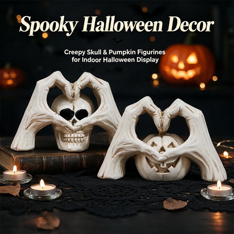 Halloween Skeleton Heart Hands Sculpture Set - Resin Gothic Decor