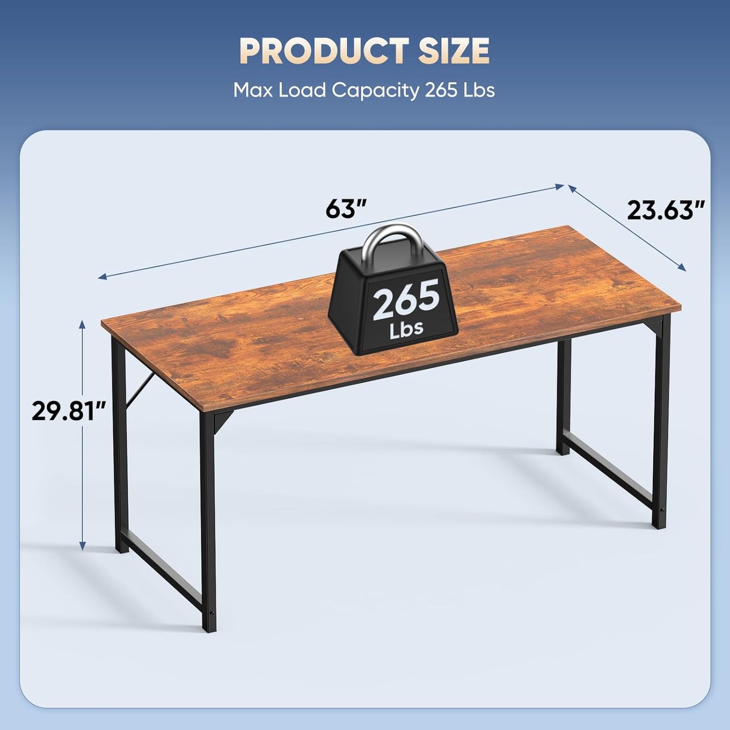DUMOS 63-Inch Computer Desk - Modern Writing & Gaming Workstation with Metal Frame | Wood Brown Finish