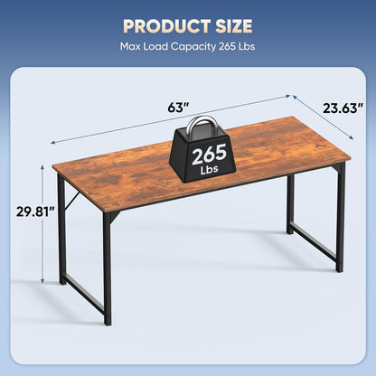DUMOS 63-Inch Computer Desk - Modern Writing & Gaming Workstation with Metal Frame | Wood Brown Finish