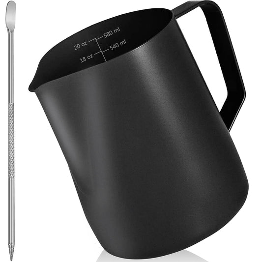 TooCust Milk Frothing Pitcher，20 OZ/600ML Milk Steaming Pitcher with Non-Stick Coating, Stainless Steel Espresso Pitcher for Coffee Latte Art, Metal Milk Frother Cup with Coffee Art Pen Black