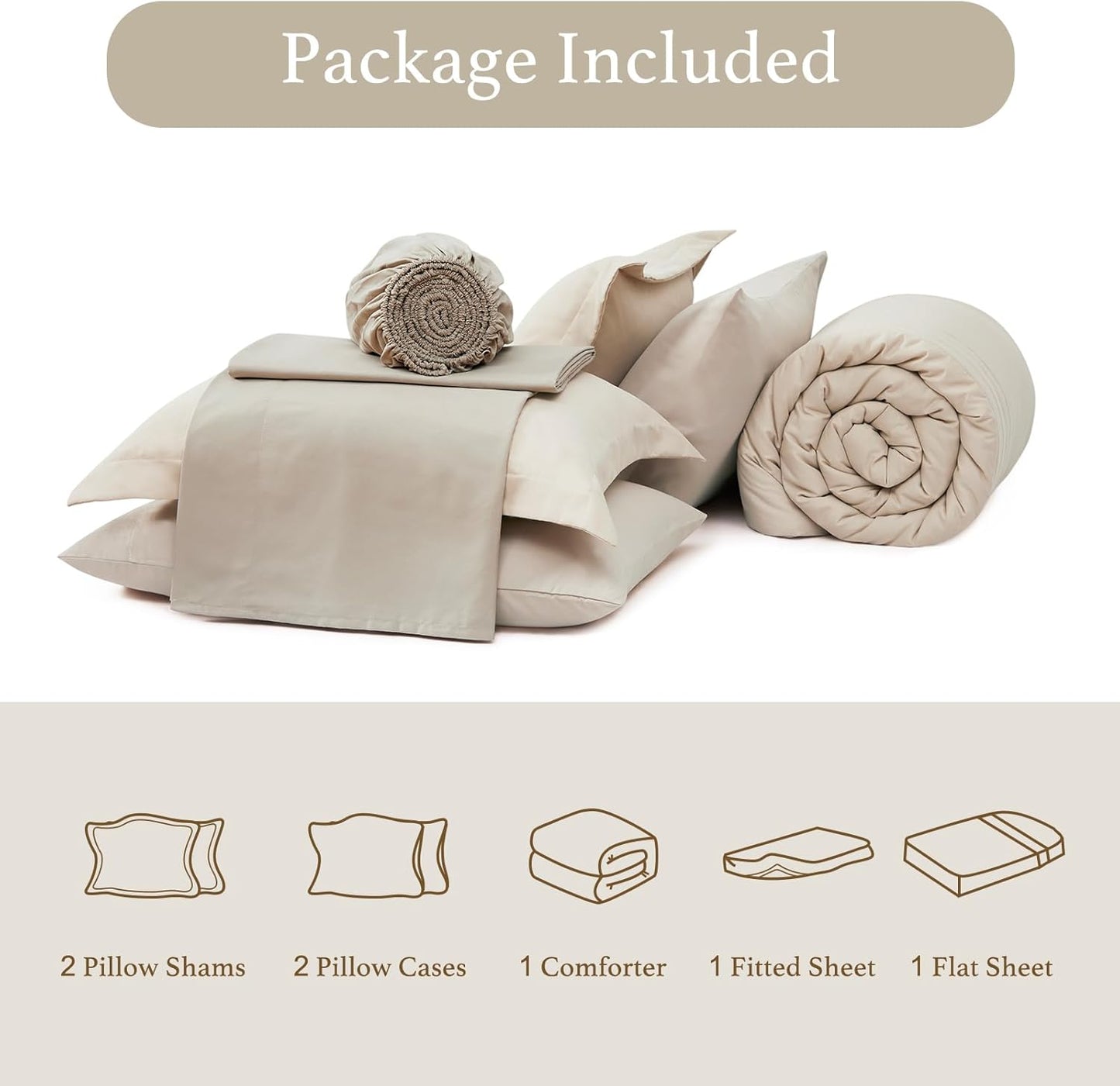 Monbix Queen Comforter Set - 7-Piece Beige Bedding Set | All-Season Comforter, Sheets & Pillowcases