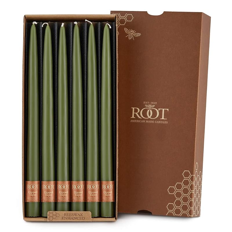 Unscented Taper Candles, 12" Dark Olive - 12-Count (Variation: Dark Olive + Contemporary)