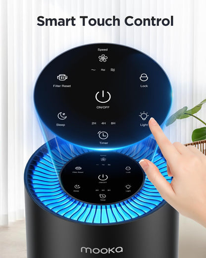 MOOKA H13 True HEPA Air Purifier - 360° Air Inlet for Large Rooms Up to 1300 Sq Ft | Quiet 13dB for Pets & Allergens (Black)