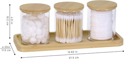 INIUNIK Qtip Holder Set - 3 Pack Glass Apothecary Jars with Lids for Bathroom Organization | Cotton Balls, Swabs & More