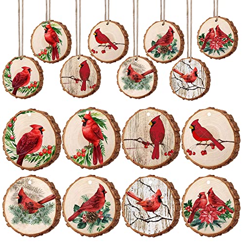 Classic 16 PCS Christmas Wooden Ornaments Red Birds Hanging Decor Tree Crafts
