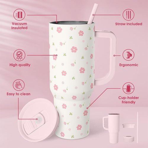 Floral 40oz Tumbler with Handle & Straw | Insulated Stainless Steel Travel Mug for Women - Perfect Gift for Any Occasion