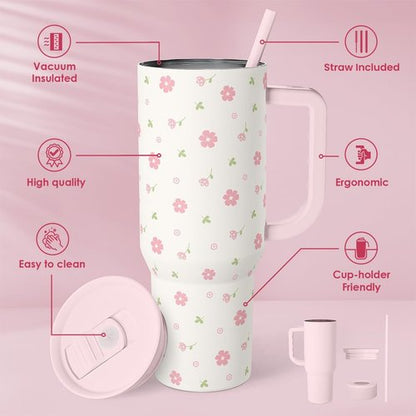 Floral 40oz Tumbler with Handle & Straw | Insulated Stainless Steel Travel Mug for Women - Perfect Gift for Any Occasion
