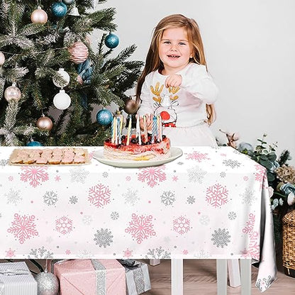 Winter Snowflake Tablecloths Set - Waterproof Disposable Holiday Decor, Pink & White, 3 Pieces