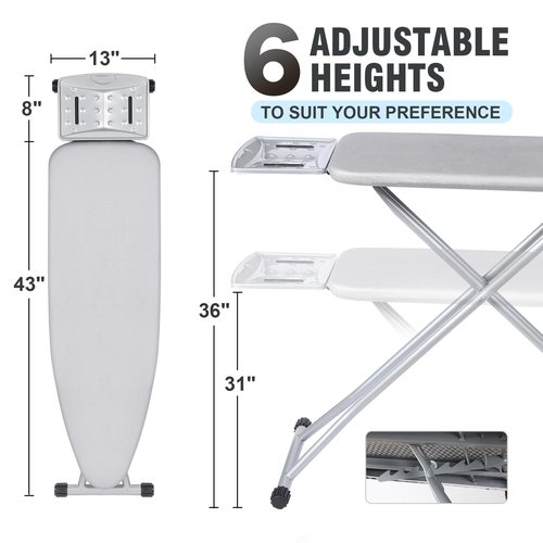oleaf Ironing Board with Cover and Thicken Pad 43 x 13 Height Adjustable Full Size Foldable Iron Board with Iron Rest, Stable Steel Legs, Metal Construction, Heat Resistant, Silver