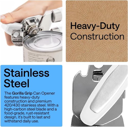 GORILLA GRIP Heavy Duty Can Opener - Smooth Edge, Comfortable Handle, Oversized Knob | White