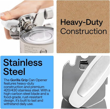 GORILLA GRIP Heavy Duty Can Opener - Smooth Edge, Comfortable Handle, Oversized Knob | White