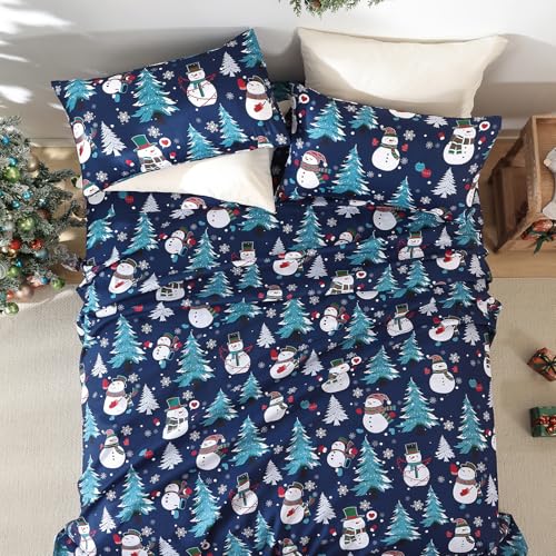 Queen Size Blue Christmas Sheet Set with Snowman Design - 4 Pieces